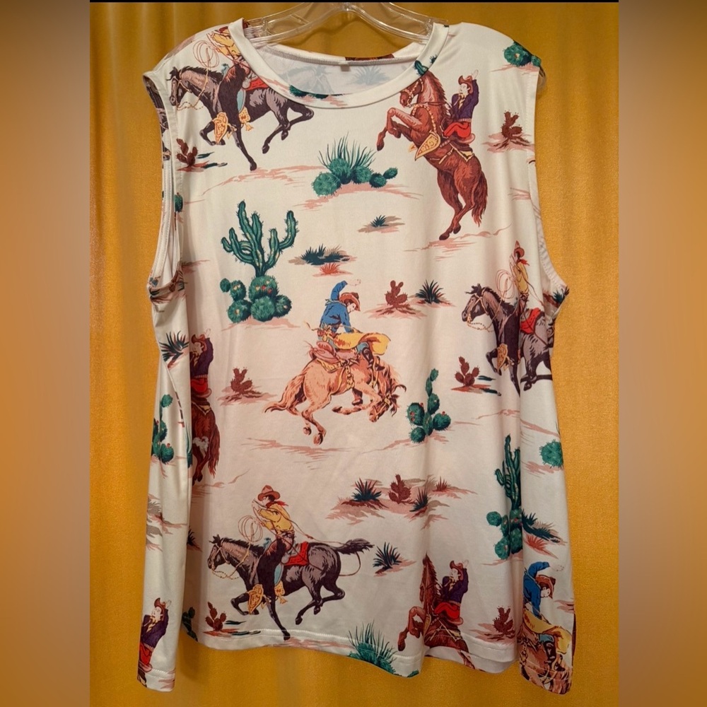 Western Cowboy Print Sleeveless Top